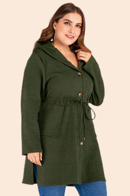 Plus Size Drawstring Waist Hooded Cardigan with Pockets.