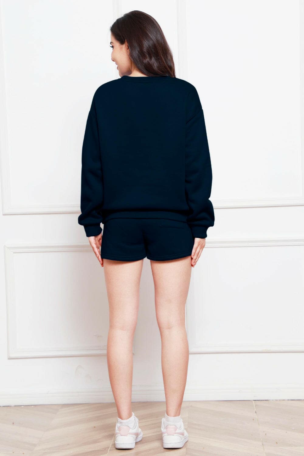 Round Neck Long Sleeve Sweatshirt and Drawstring Shorts Set.