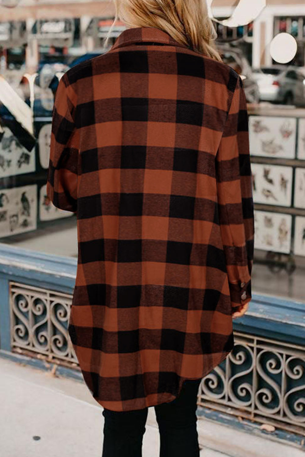 Chic brown plaid shirt coat with turn-down collar