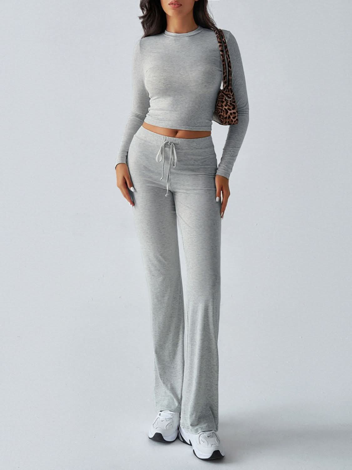 Cozy Chic Round Neck Long Sleeve Top and Drawstring Pants Ensemble