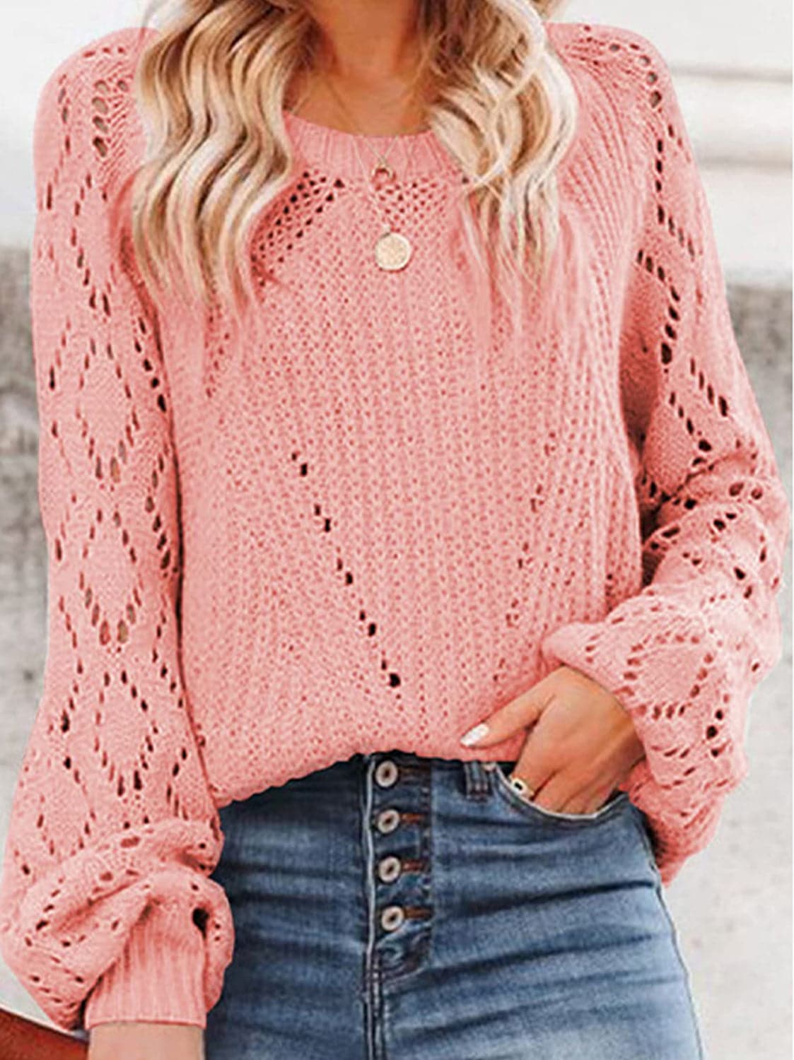 Openwork Round Neck Lantern Sleeve Sweater.