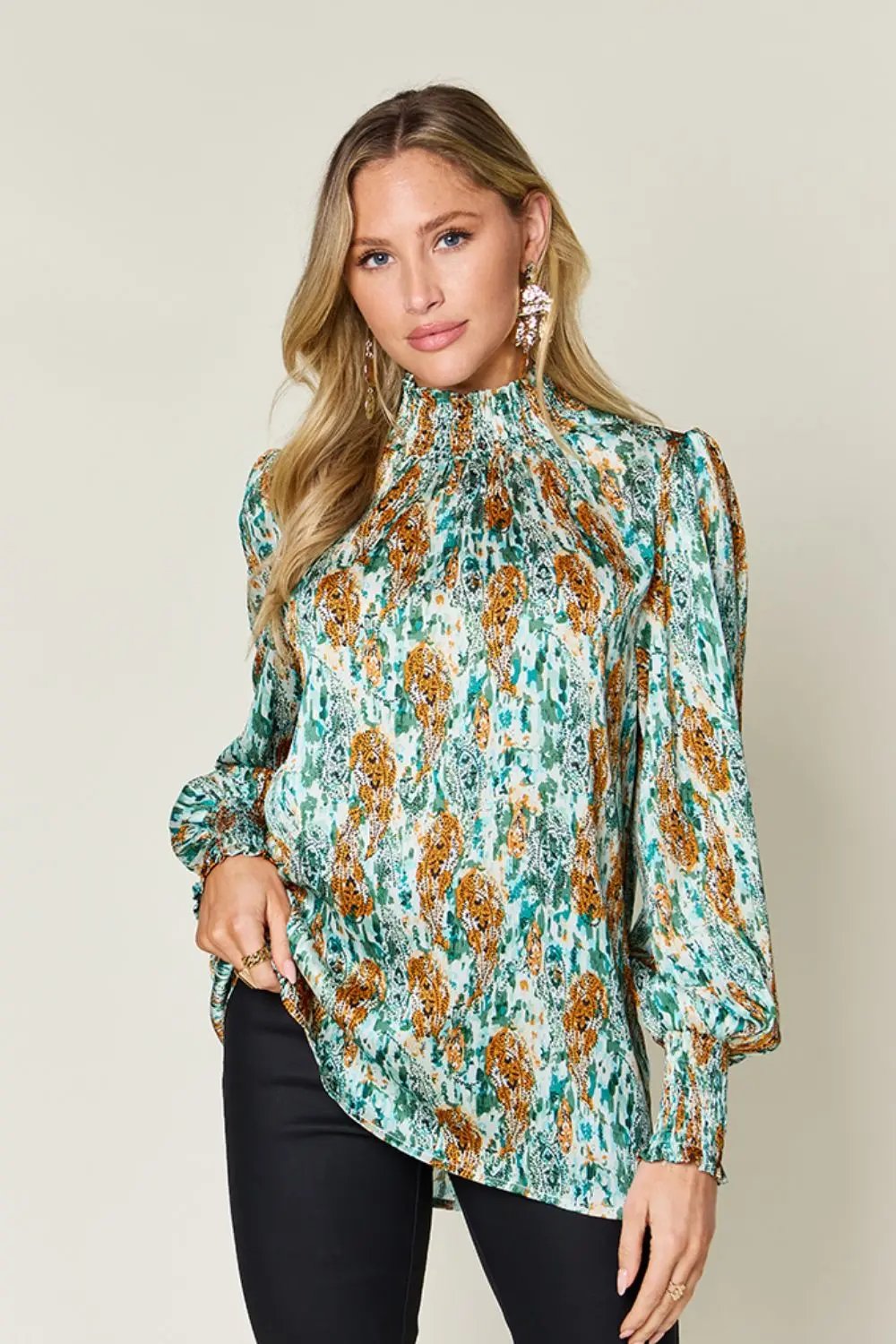 Double Take Full Size Printed Smocked Long Sleeve Blouse - Love Salve