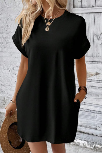 Casual pocketed round neck tee dress