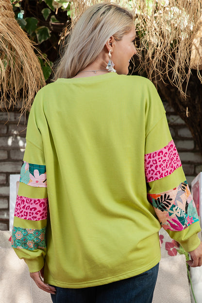 Chic green plus size patchwork sleeve split sweatshirt