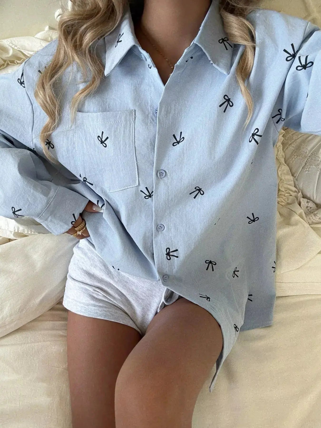 Bow Print Long Sleeve Shirt Simply Love