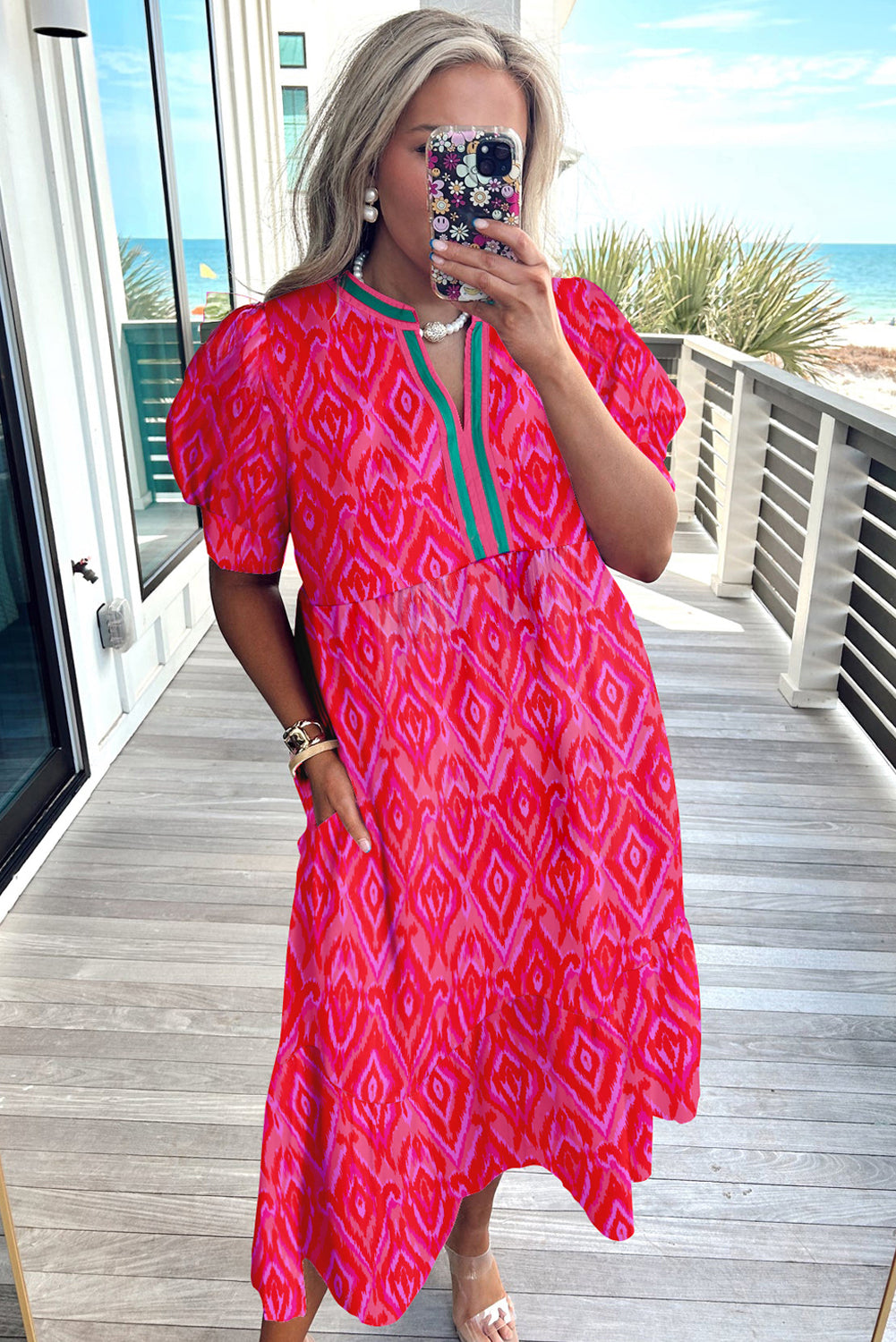 Red Allover Dress With Contrast Split Neckline Puff Sleeves