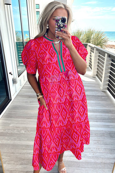 Red Allover Dress With Contrast Split Neckline Puff Sleeves