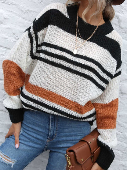 Striped chic round neck long sleeve sweater