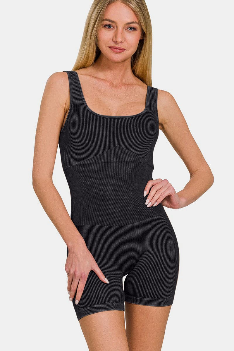 Zenana Washed Ribbed Romper with Pad.