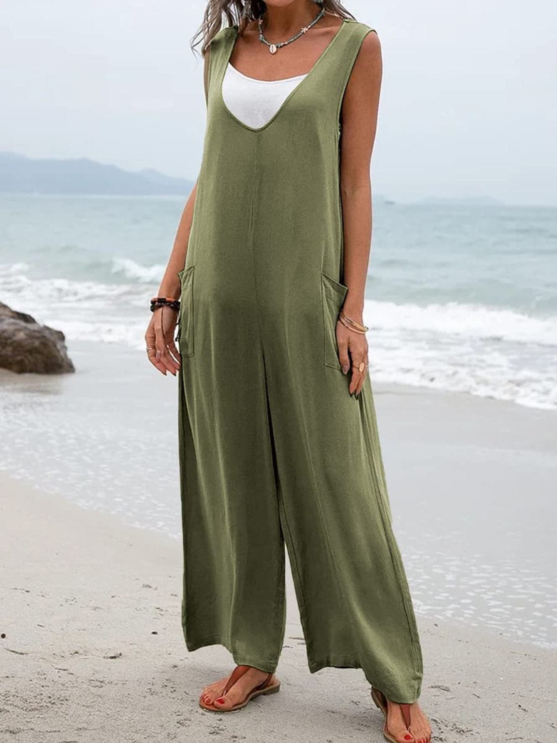 Full Size Wide Strap Jumpsuit with Pockets.