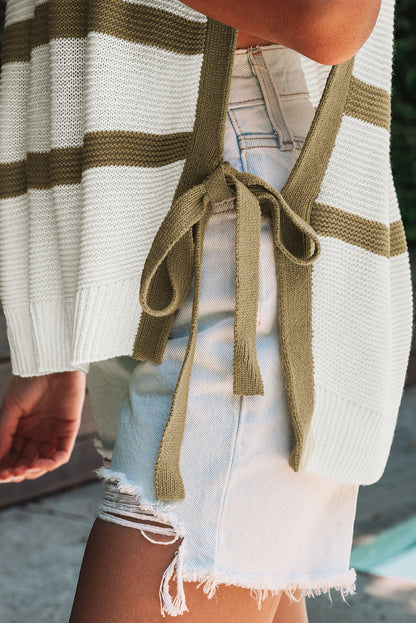Khaki Stripe Tie Open Side Sweater Knitted Top for Women