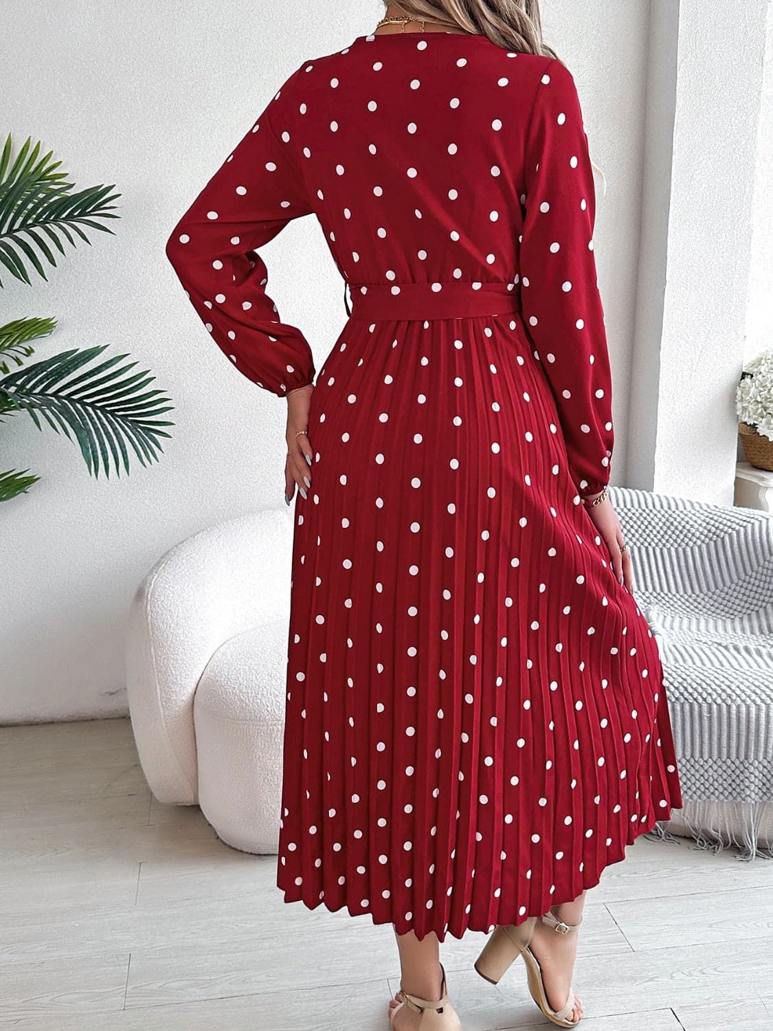 Tied Polka Dot Long Sleeve Midi Dress.