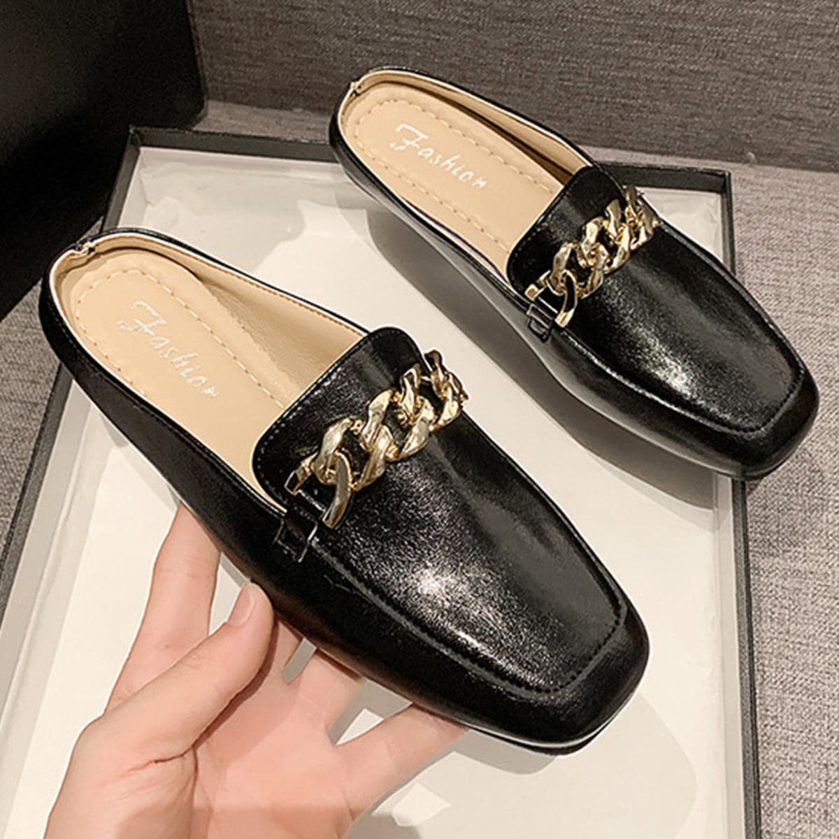 PU Leather Square Toe Flat Loafers.