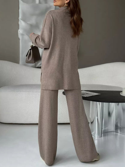 Slit Neck Knit Sweater Set with Pants