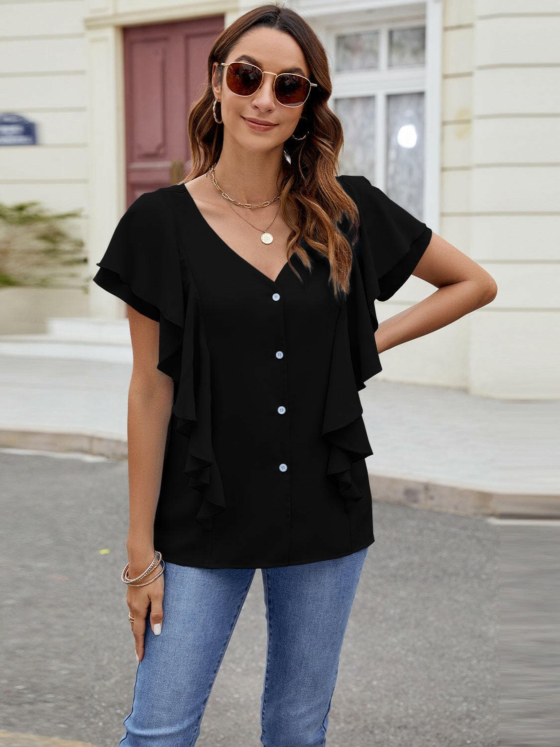 Ruffled V-Neck Short Sleeve TopRuffled V-Neck Short Sleeve Top

Introducing our elegant Ruffled V-Neck Short Sleeve Top, a must-have addition to your wardrobe for a touch of sophistication and styLove Salve -Neck Short Sleeve TopT-Shirts