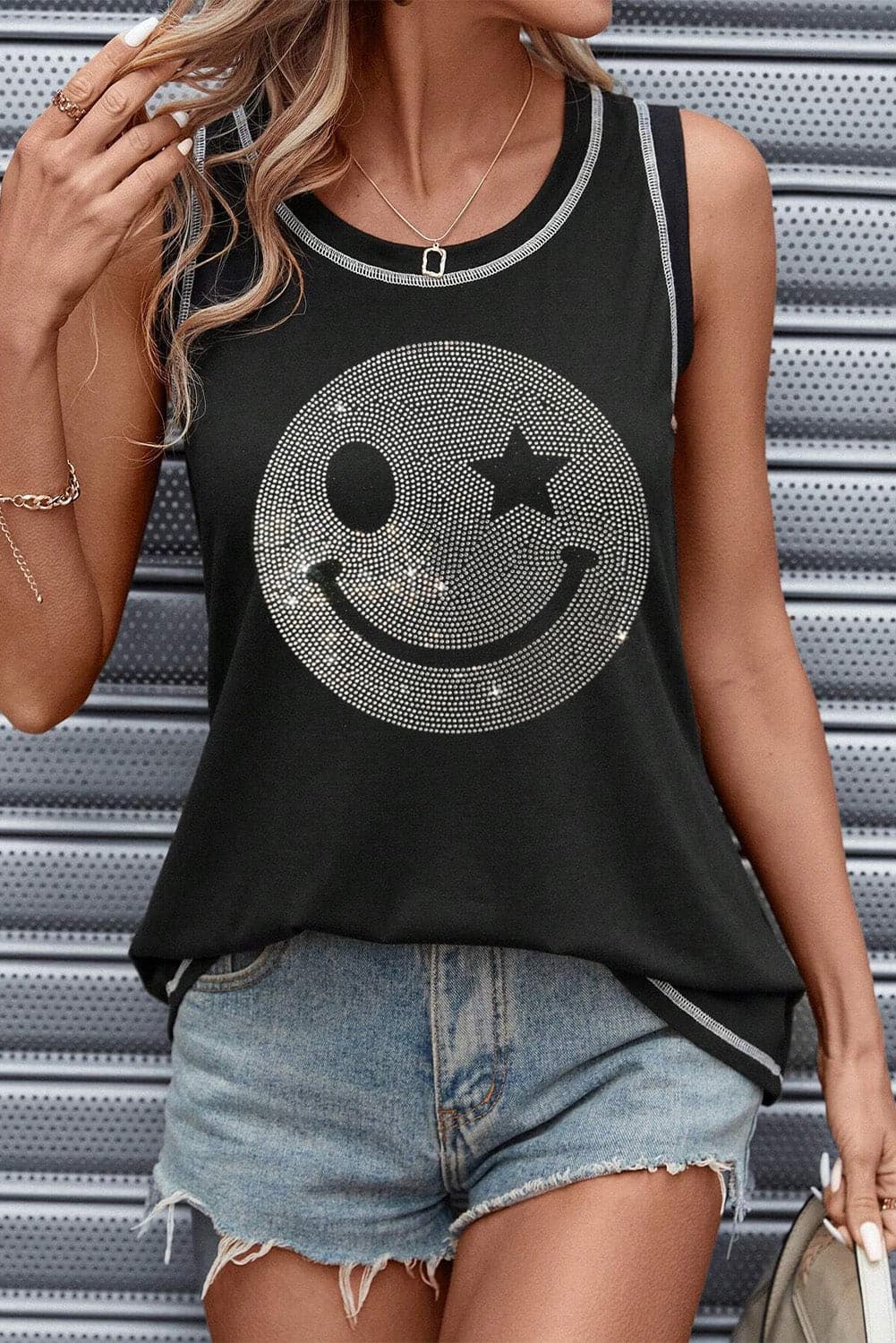 Rhinestone Smile Face Round Neck Tank.