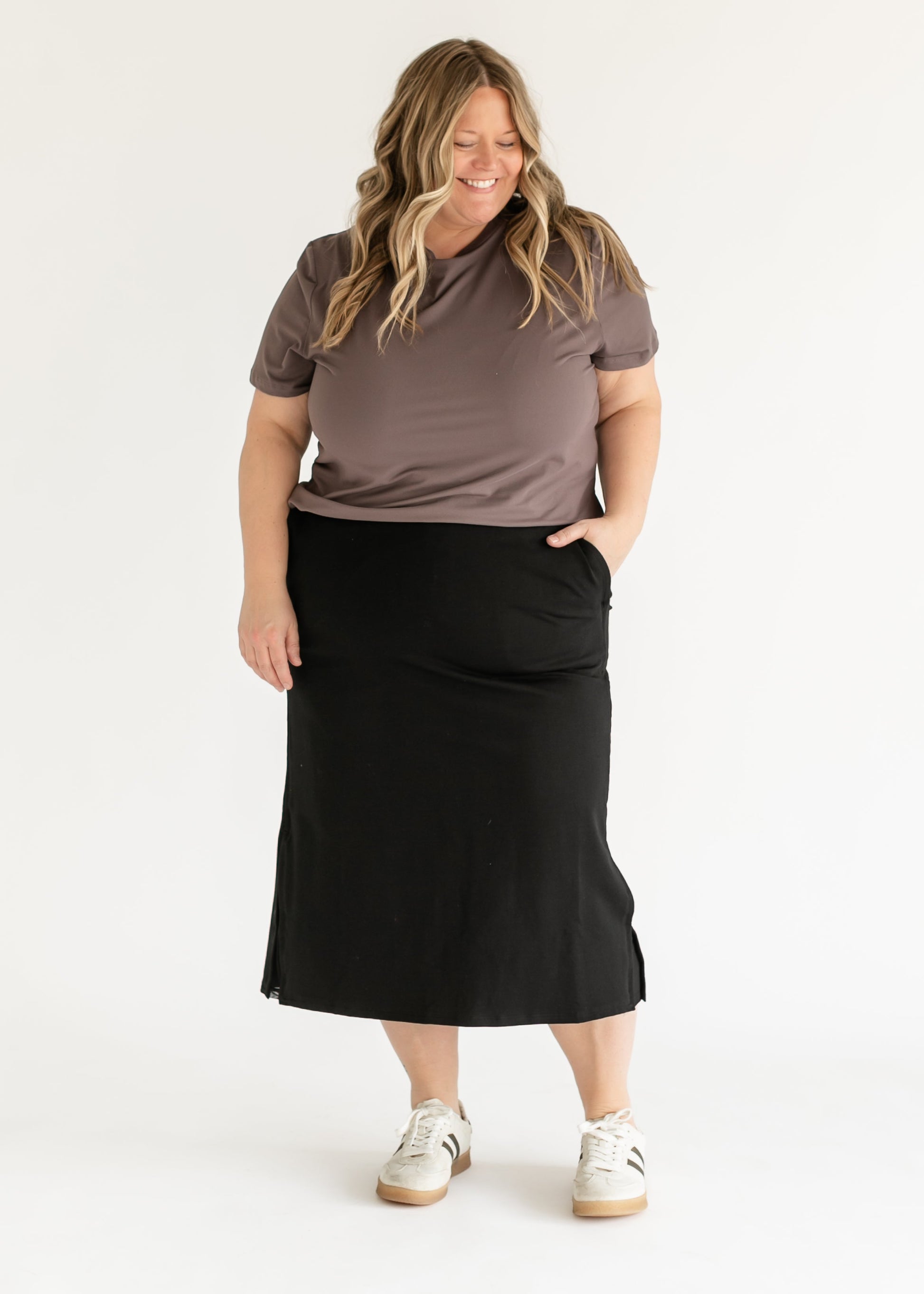 Abbie Mesh Detail Knit Midi Skirt - Product side view IC Skirts by Inherit Co.