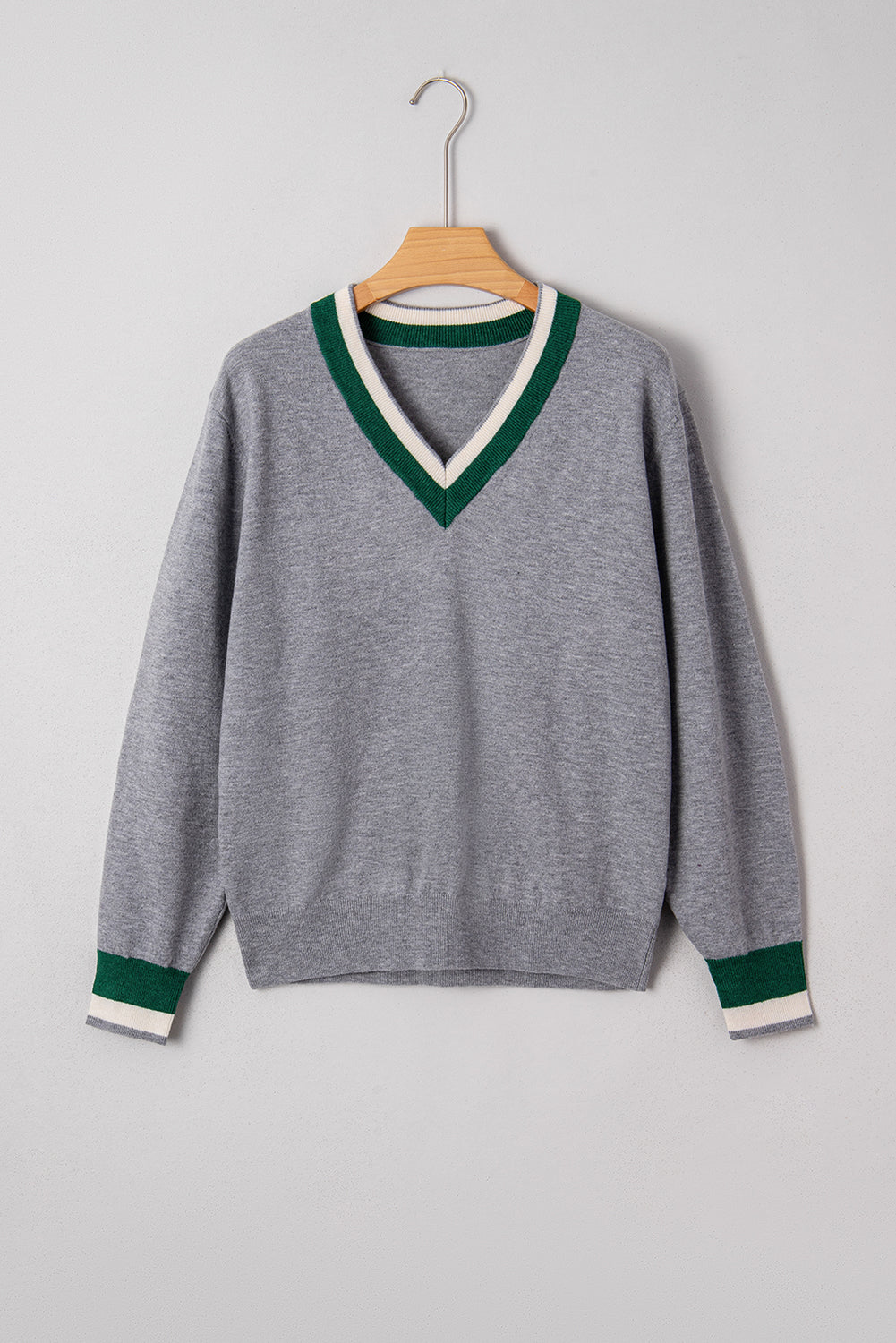 Gray Contrast Striped Trim V Neck Varsity Sweater Dear-Lover Dropshipping