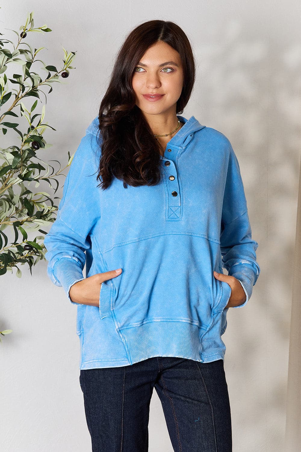 Zenana Half Snap Long Sleeve Hoodie with Pockets.