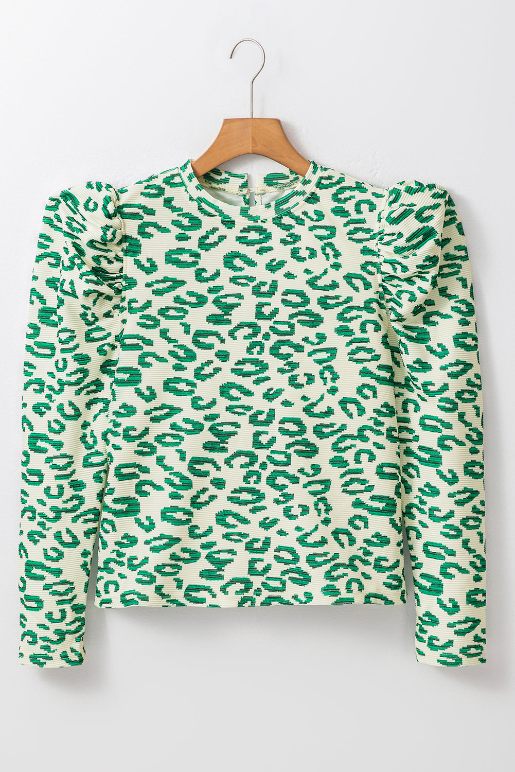 Chic blackish green leopard print puff sleeve top with mock neck design