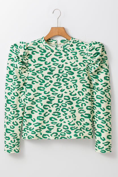 Chic blackish green leopard print puff sleeve top with mock neck design