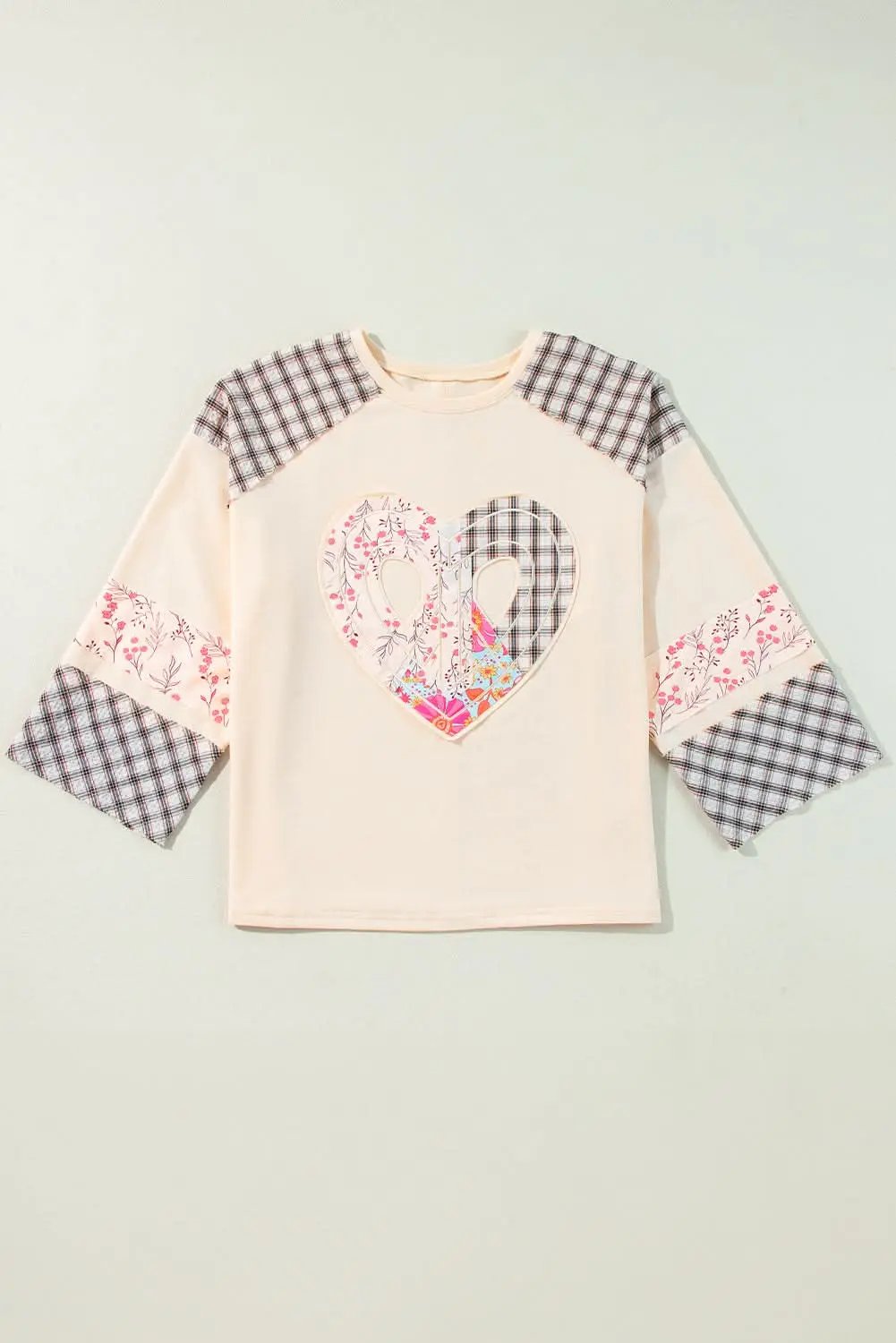 Beige Plaid Floral Peace Heart Graphic Wide Long Sleeve Top - Love Salve 
