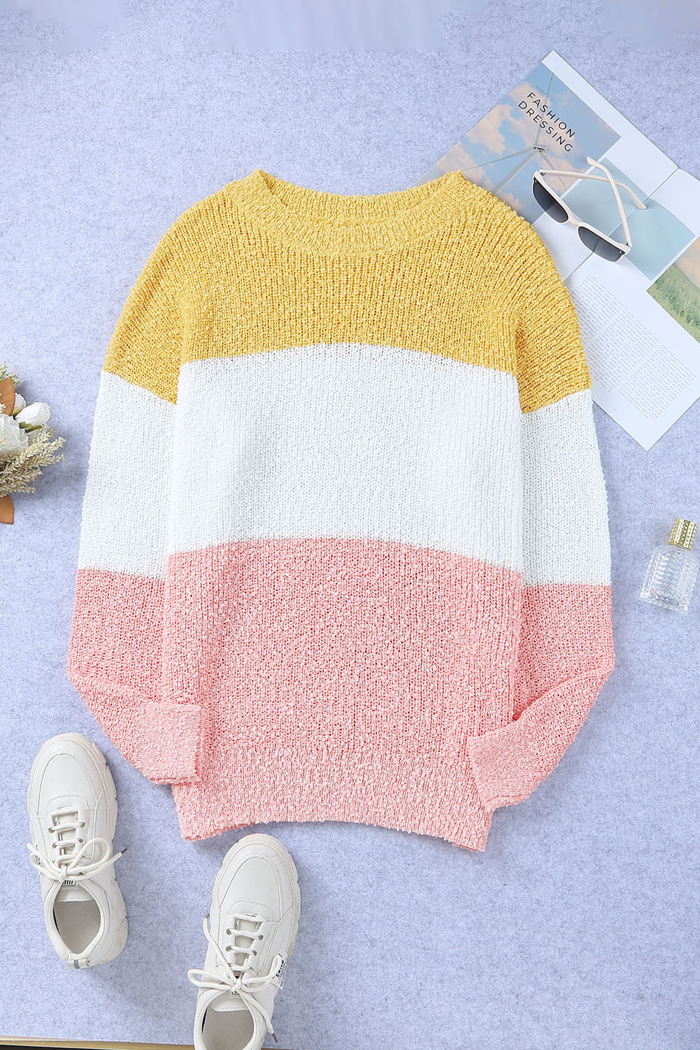 Vibrant yellow colorblock plus size sweater with bubble sleeves