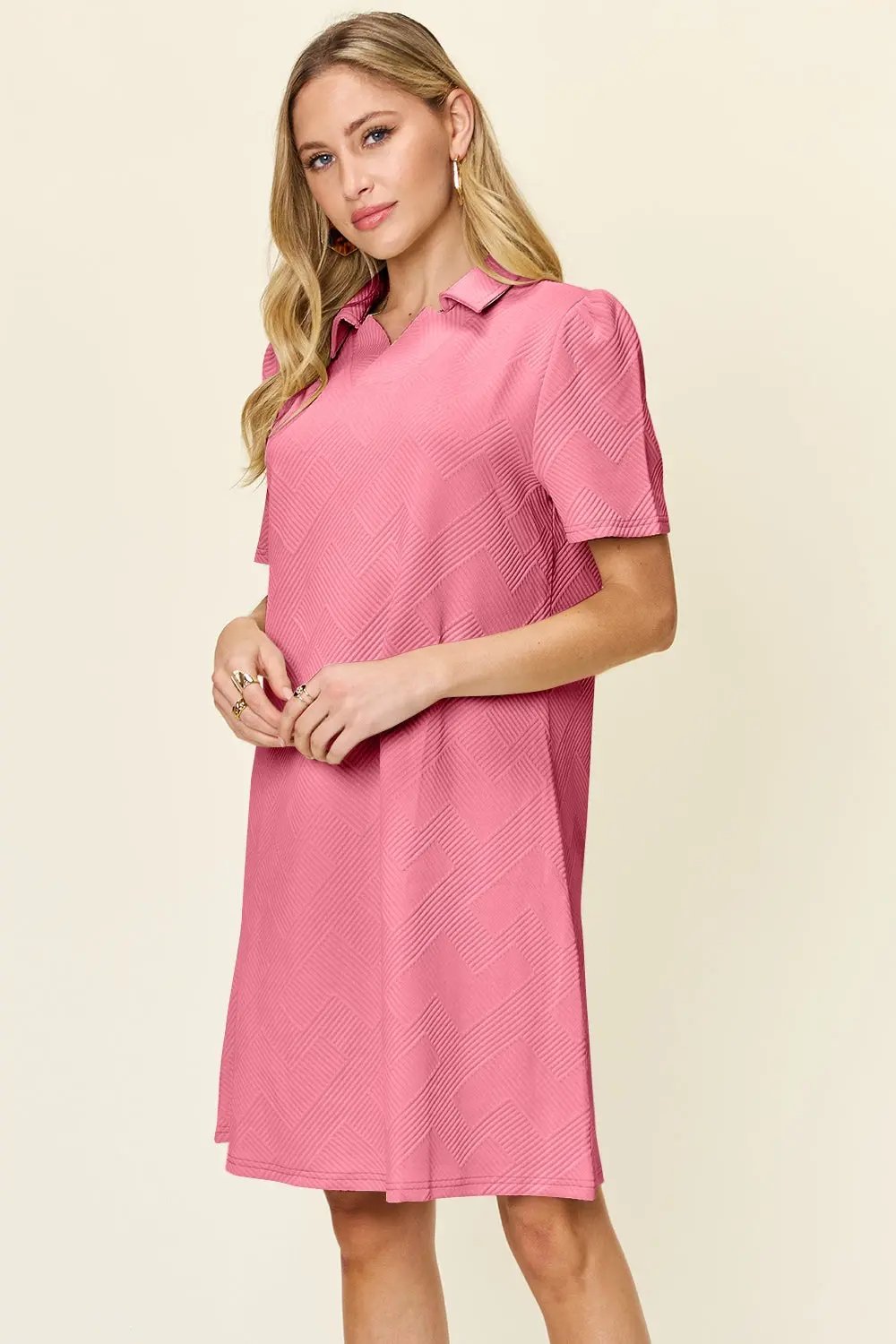 Double Take Full Size Texture Collared Neck Short Sleeve Dress - Love Salve