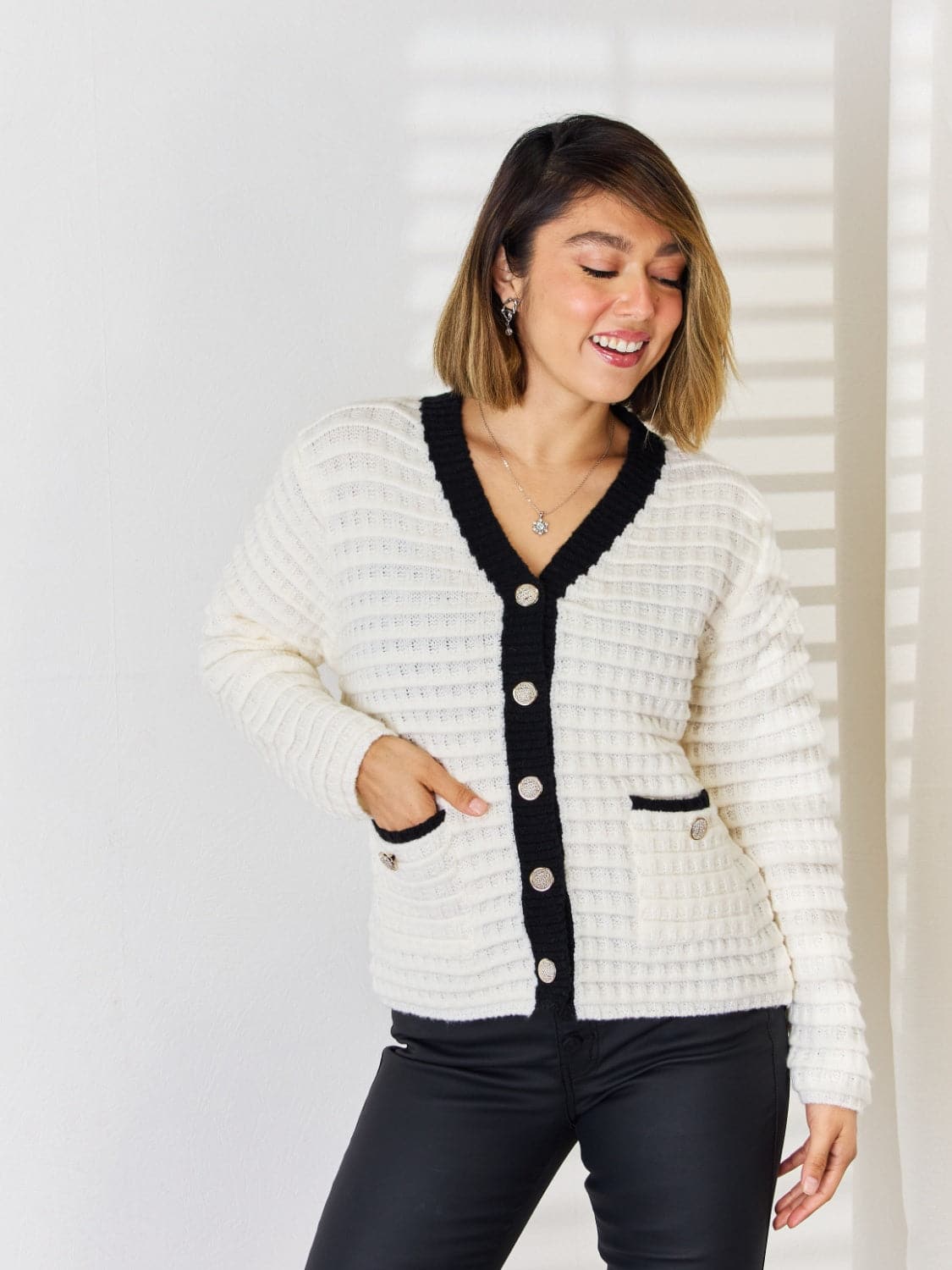 Contrast Trim Button Up Cardigan.