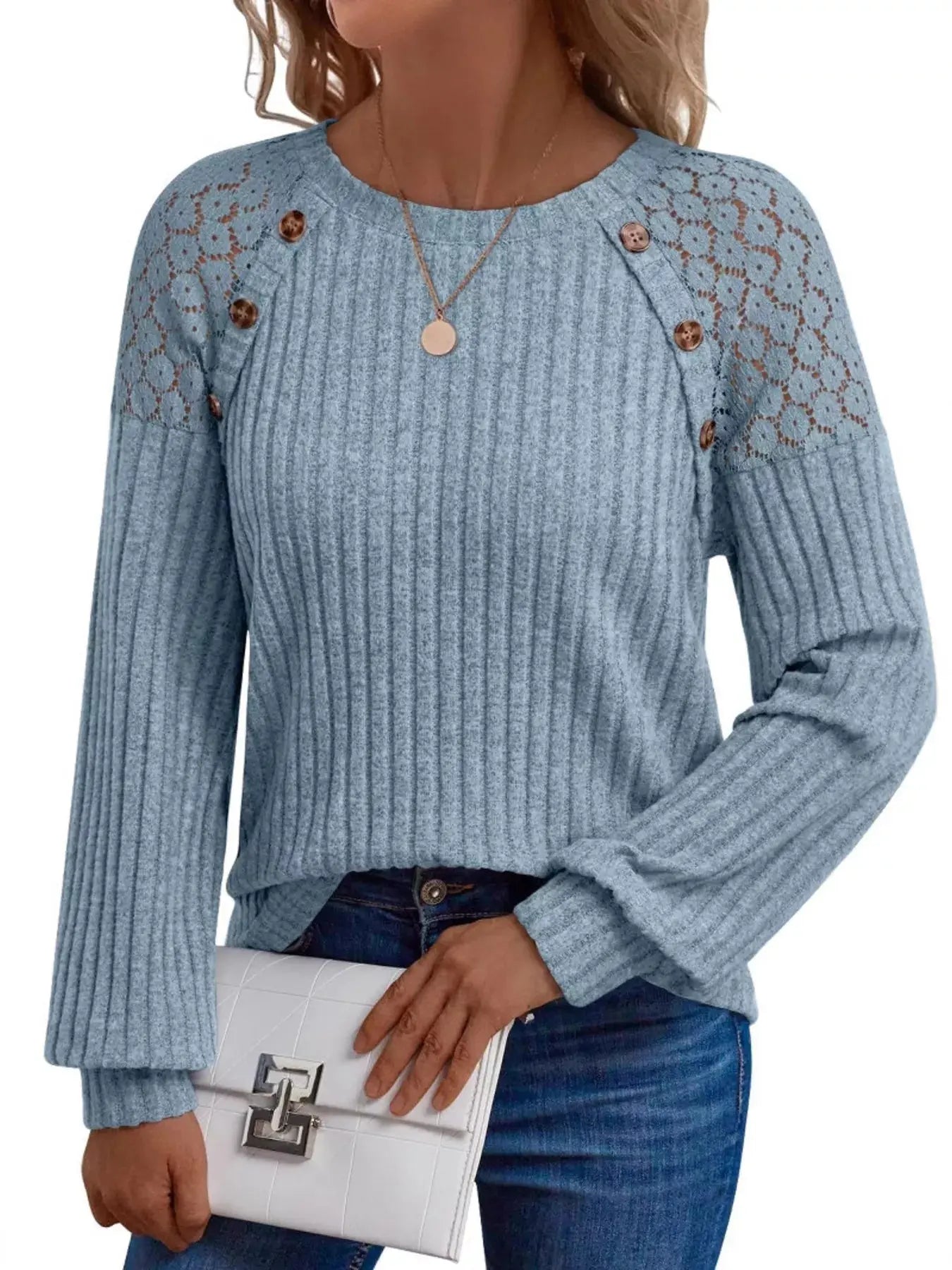 Ribbed Knit T-Shirt with Lace Shoulder Detail Simply Love
