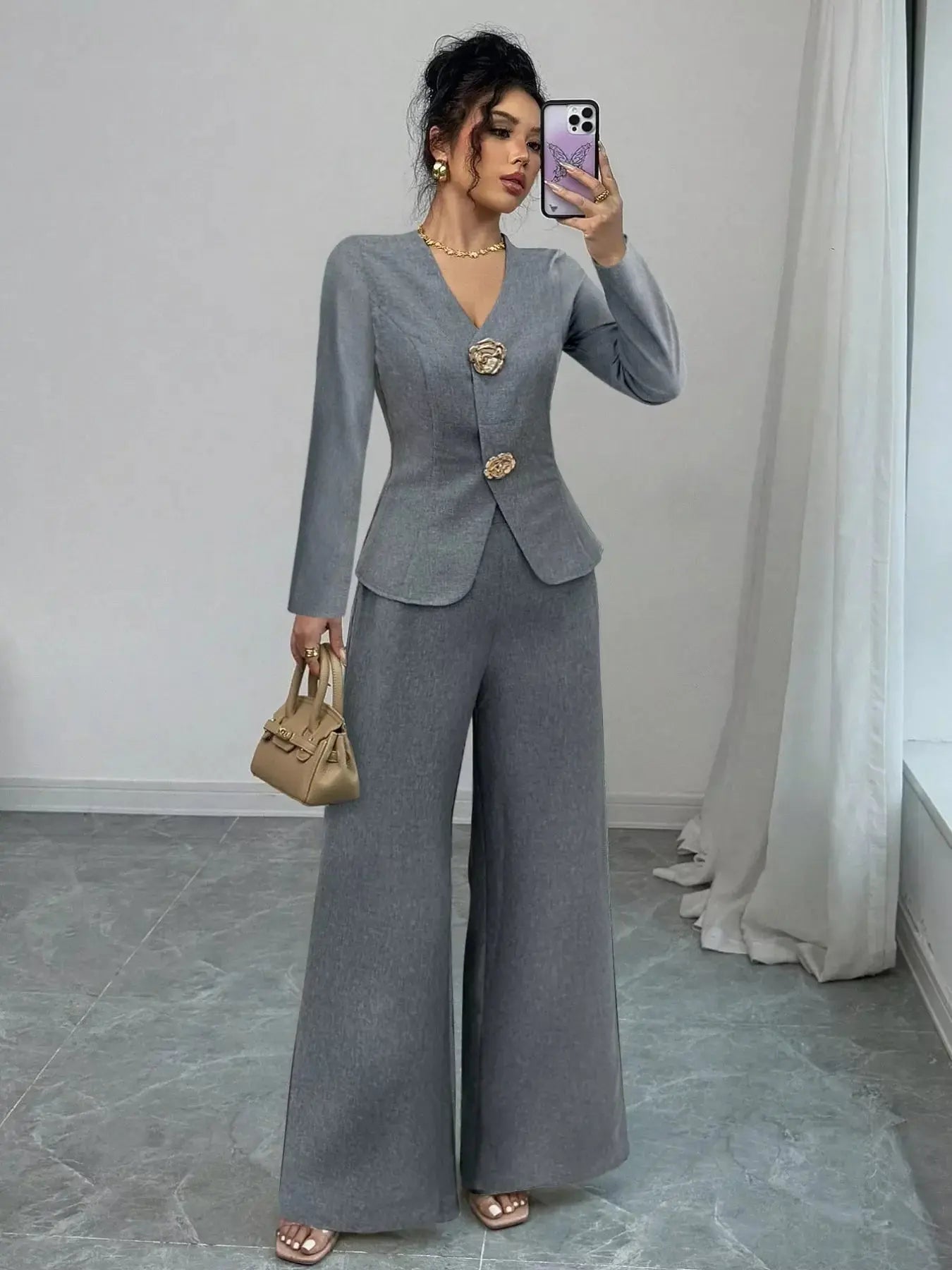 Decor Buckle Blazer And Wide Leg Pants Two Piece Set For Women Office Formal Simply Love