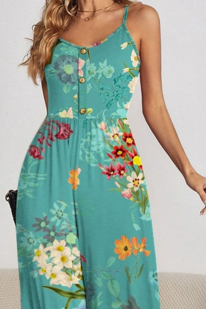 Decorative Button Spaghetti Strap Wide Leg Jumpsuit.