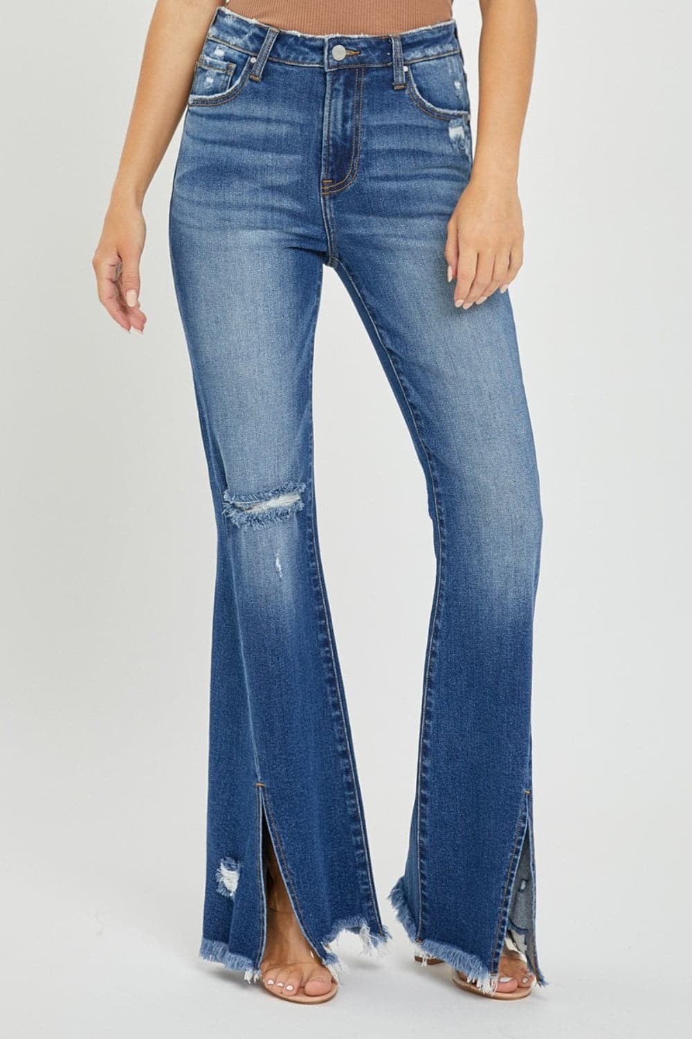 RISEN Full Size High Rise Front Slit Frayed Hem Flare Jeans.