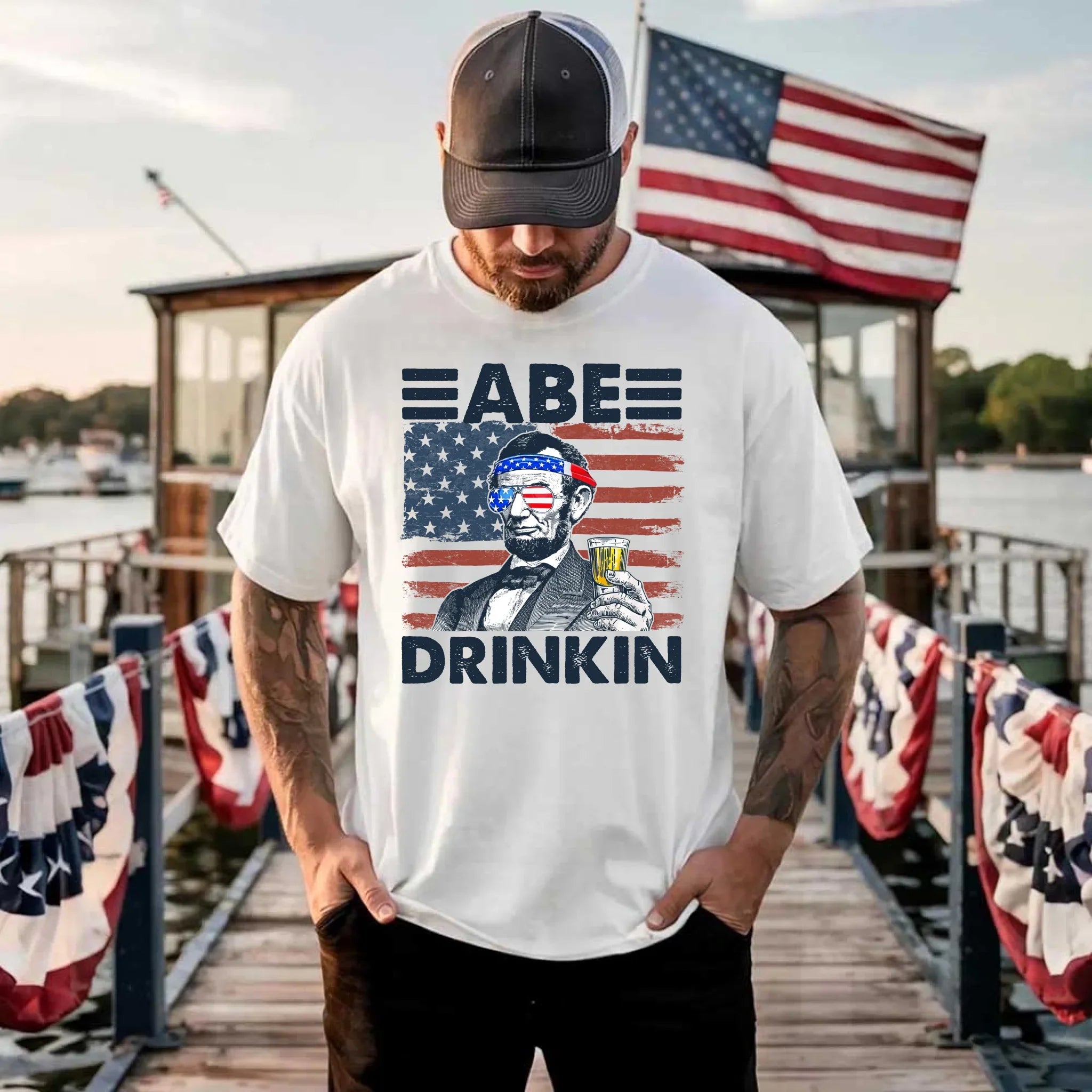 Abe Drinkin 4th of July Shirt – Abraham Lincoln Patriotic Drinking Tee - Product side view T-Shirt by Adorb.co