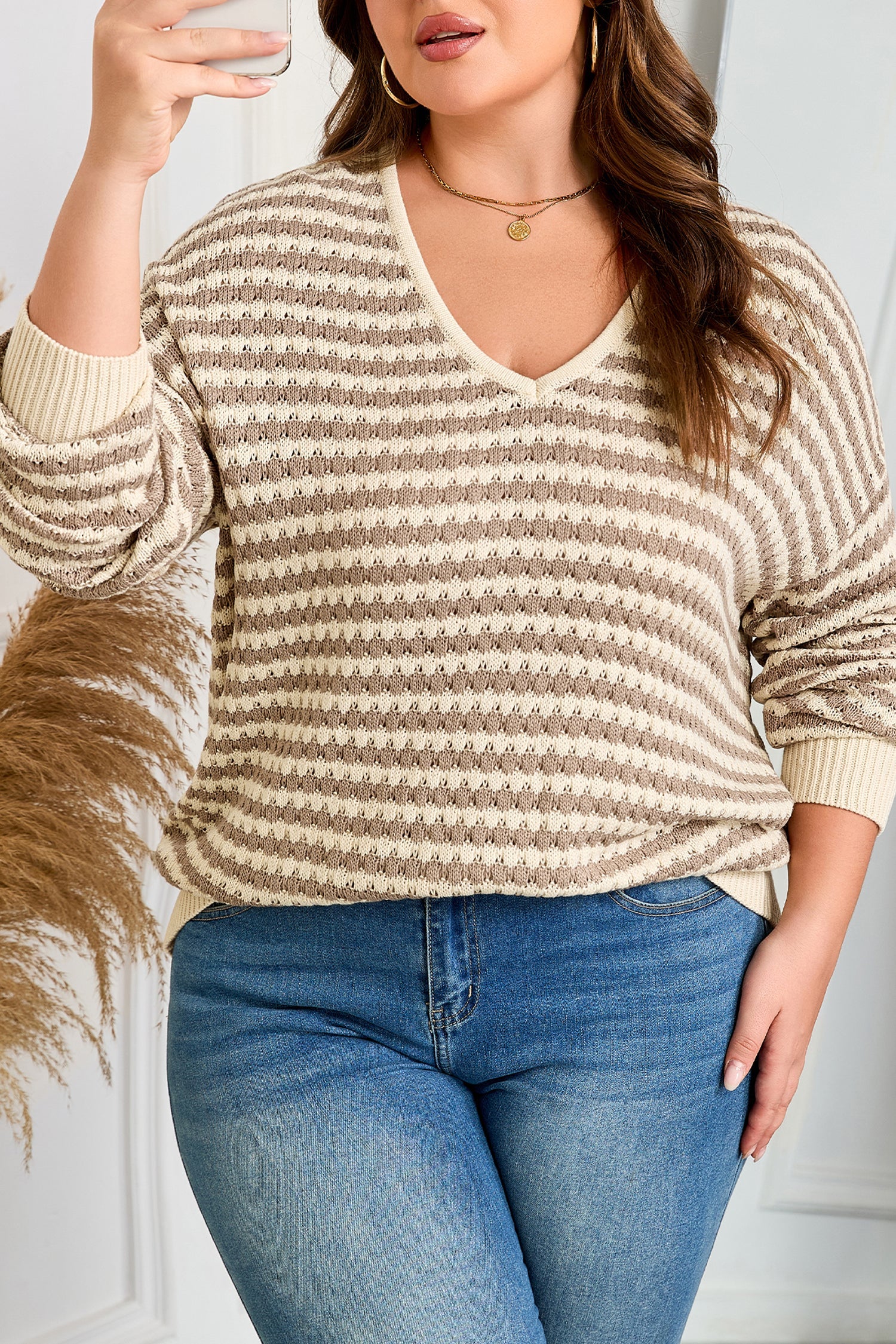 Dear-Lover Khaki Stripe Plus Size Women's V-Neck Sweater Casual Fall Knit Dear-Lover Dropshipping