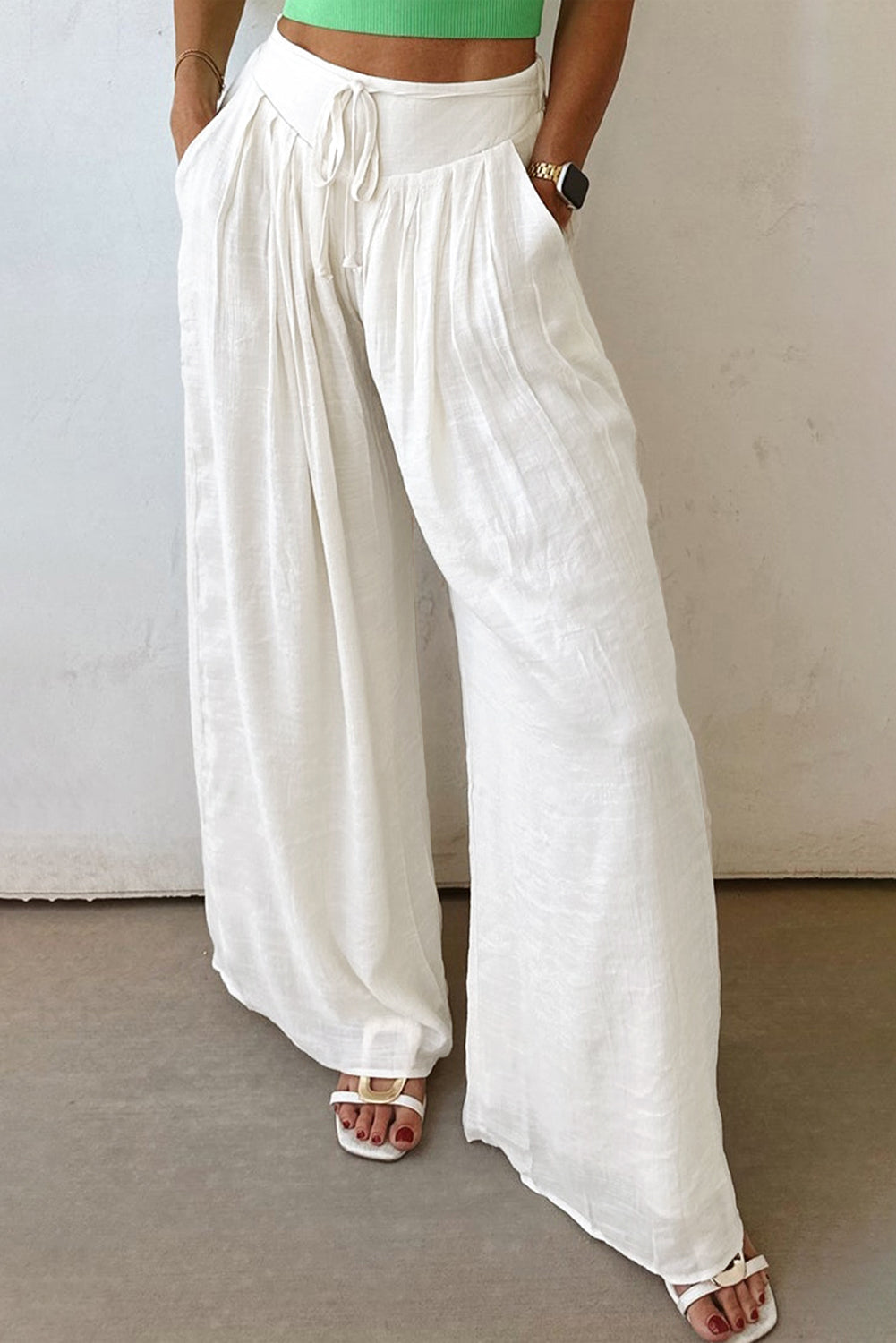 White Solid Drop Waist Pleated Wide Leg Casual Pants Love Salve