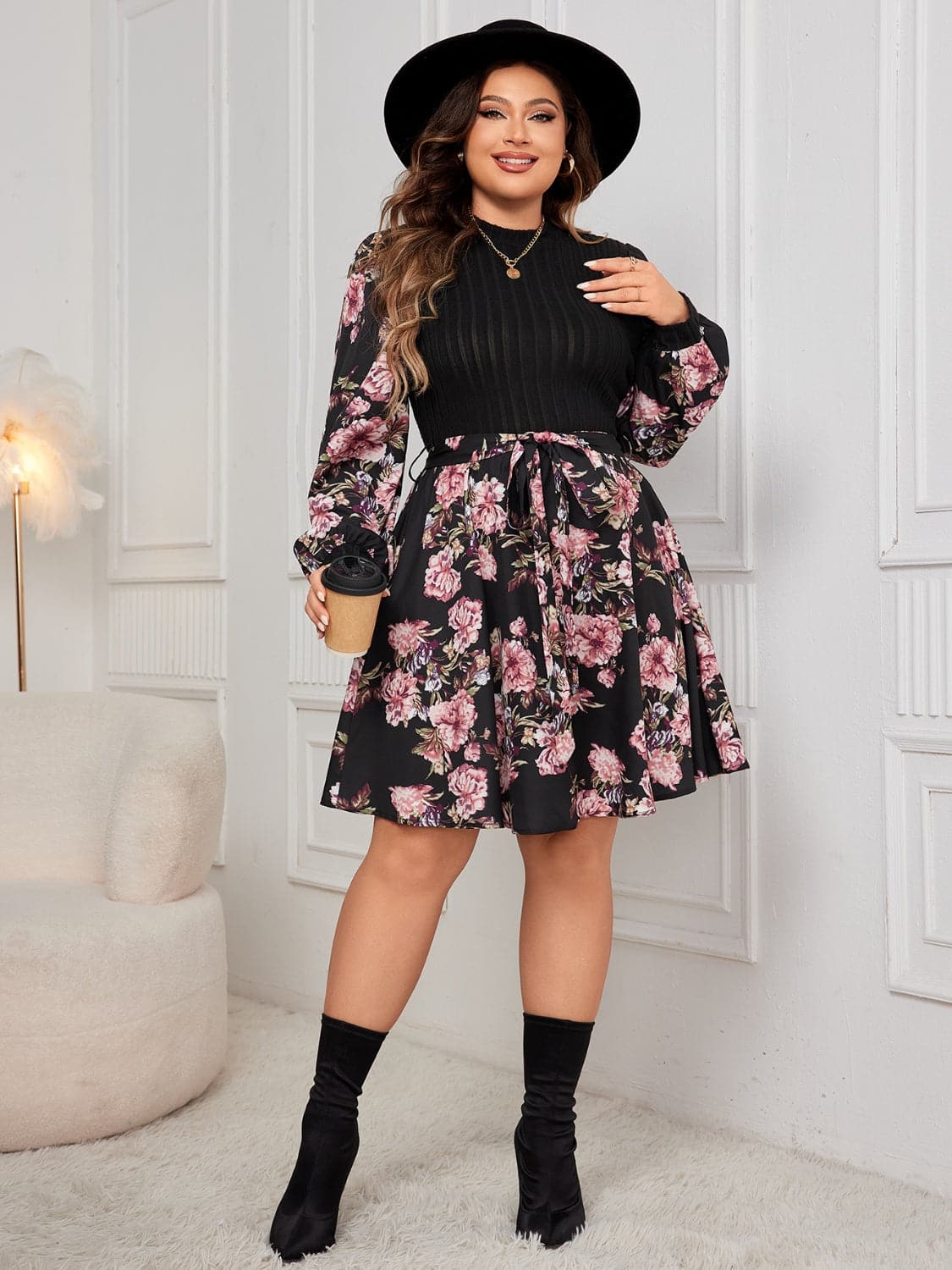 Plus Size Tied Printed Long Sleeve Dress.