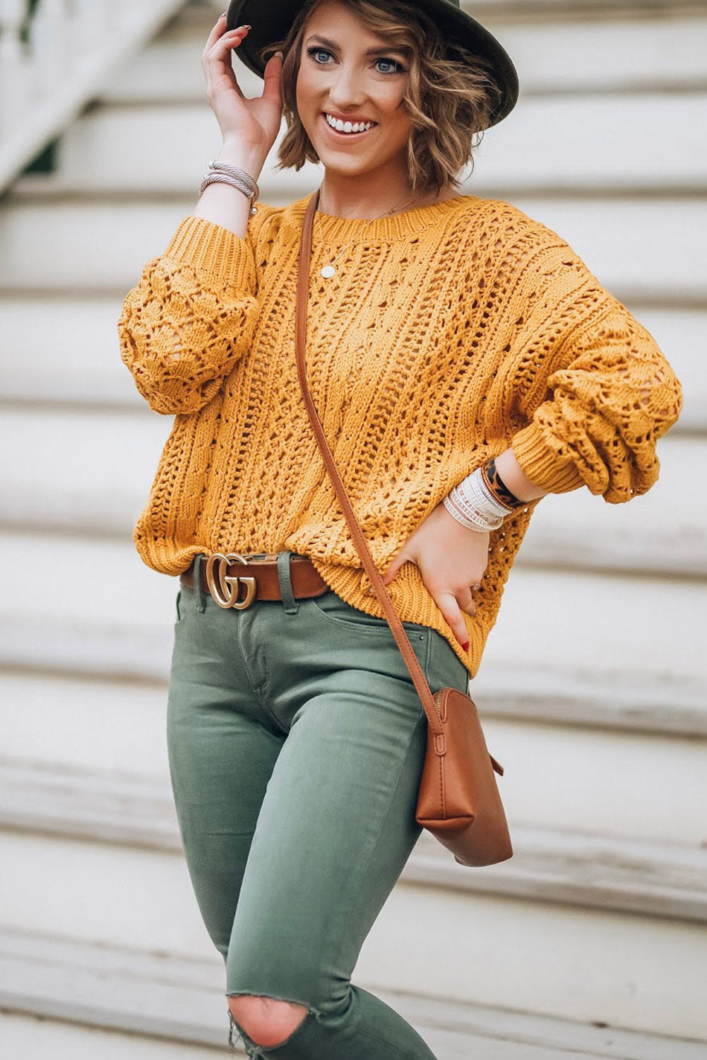 Chic yellow cable knit sweater with hollow-out design and drop shoulders