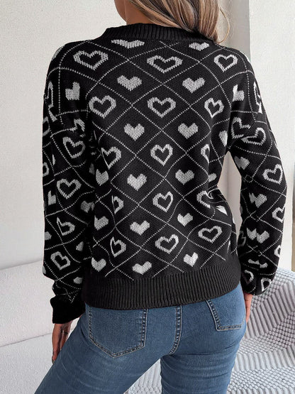 Heart Pattern V-Neck Long Sleeve Sweater.