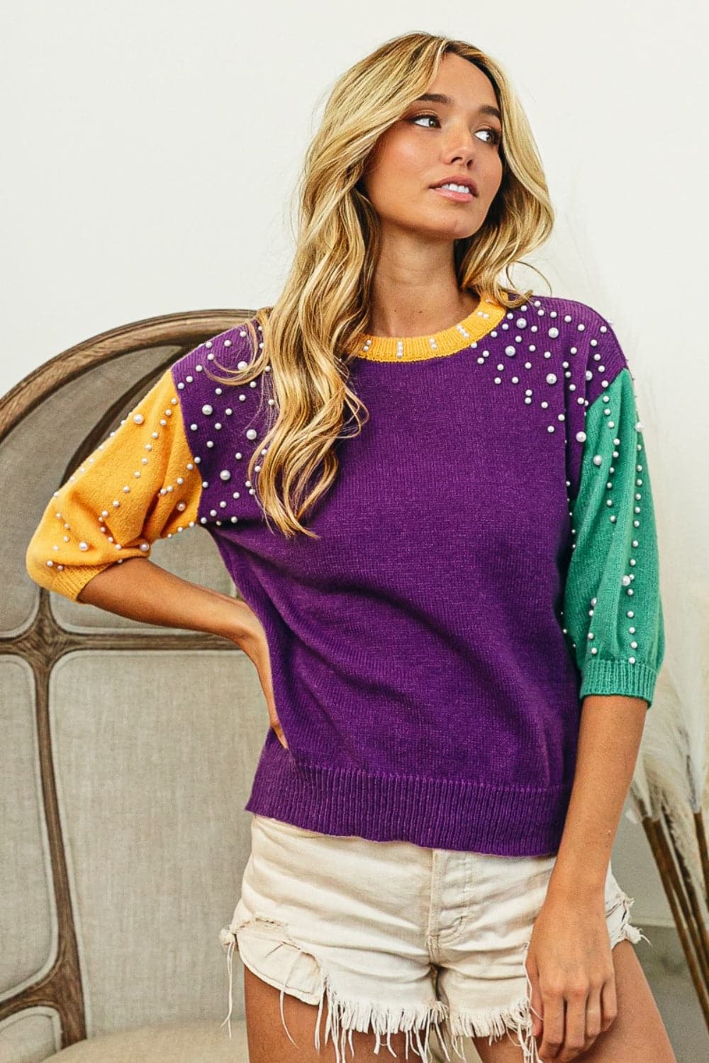 BiBi Color Block Pearl Detail Round Neck Sweater.