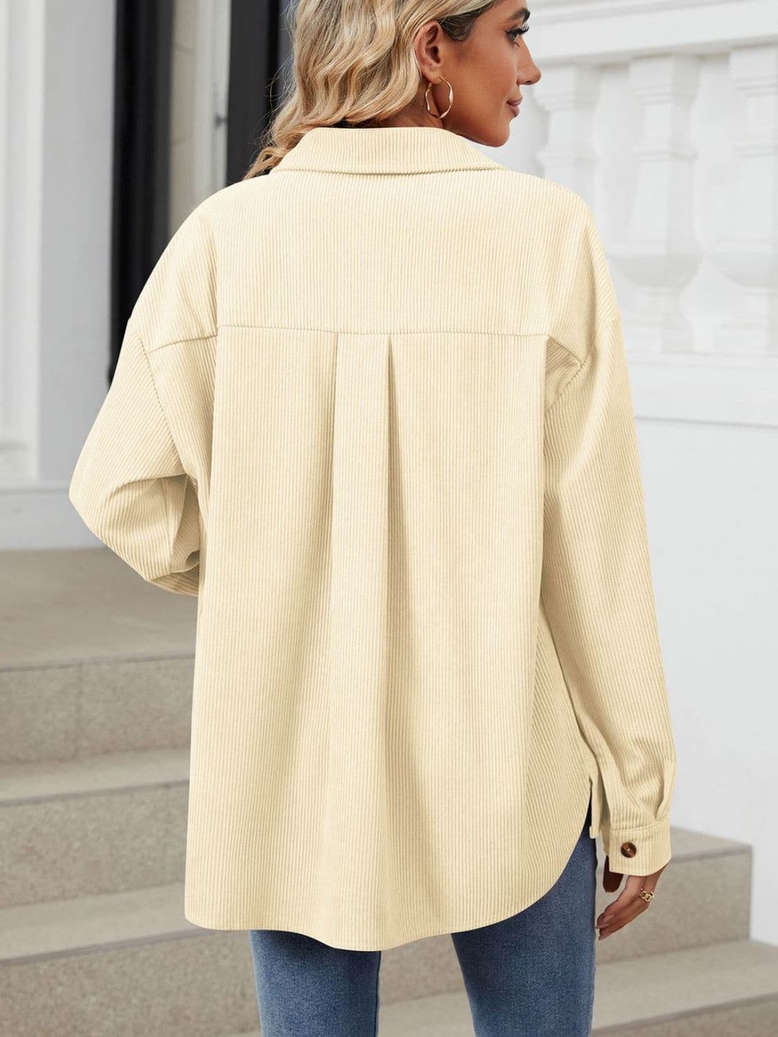 Chic Buttoned Long Sleeve Jacket with Dropped Shoulders