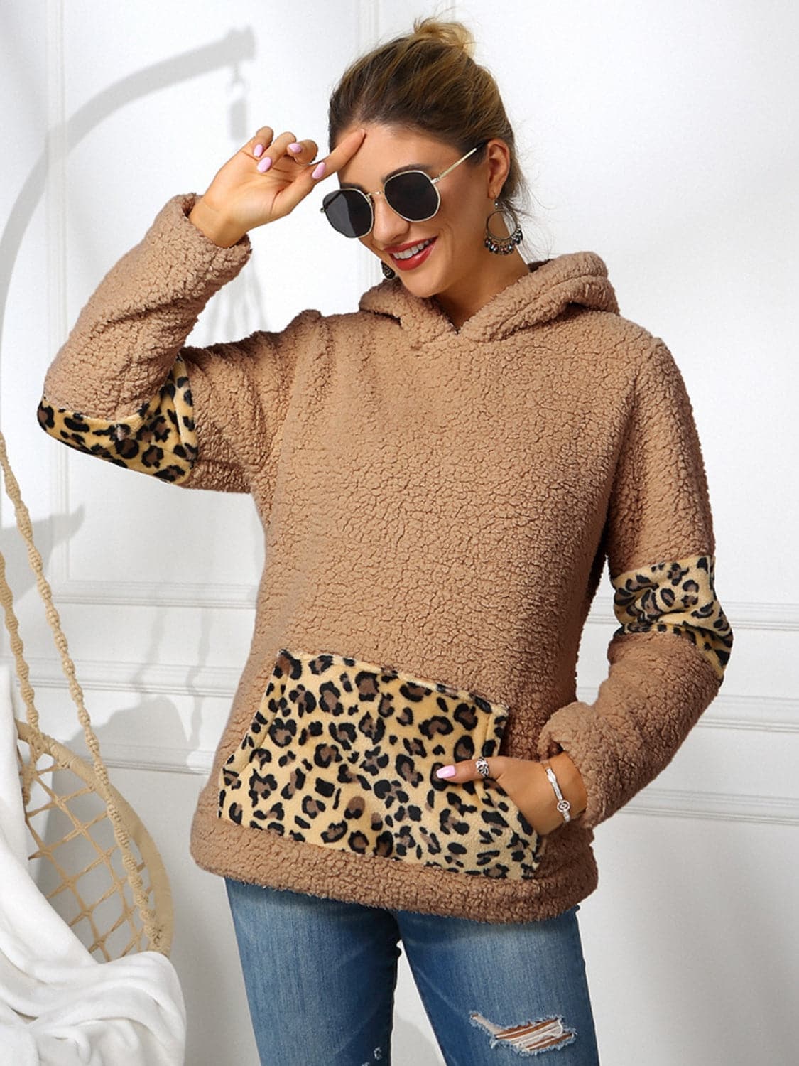 Sherpa Leopard Long Sleeve Hoodie.