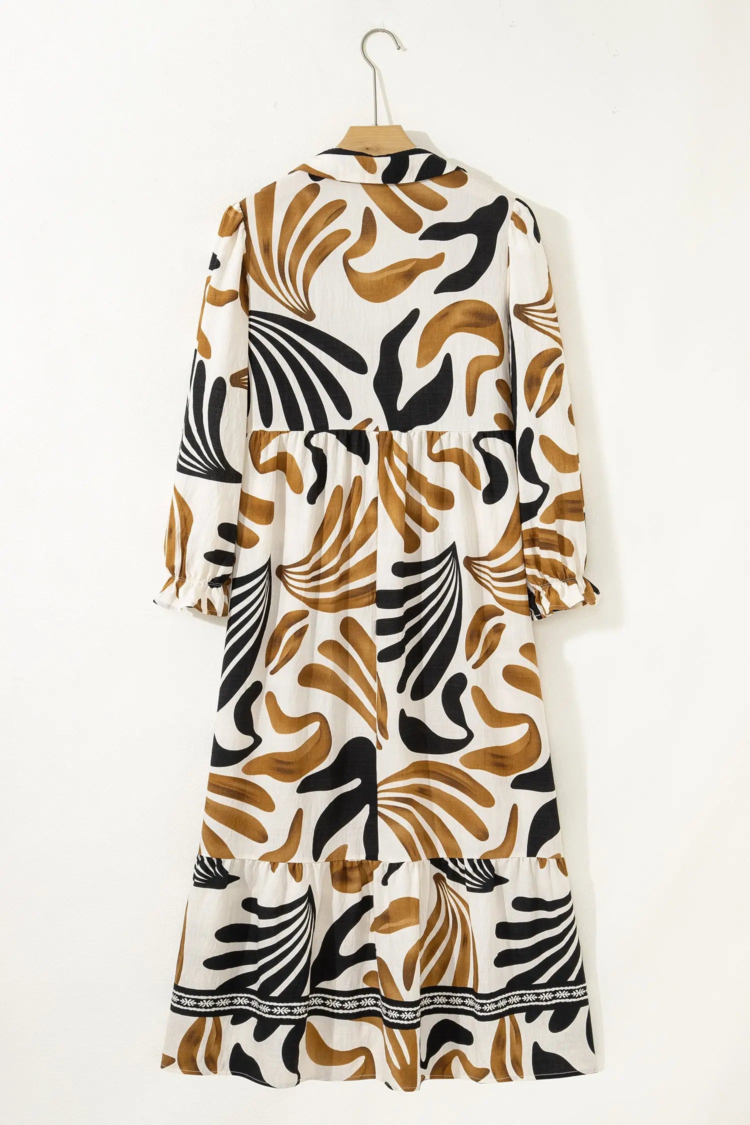 Brown Tropical Print Dress With Contrast Trim Neck Long Sleeve Ruffle Hem Dear-Lover Dropshipping