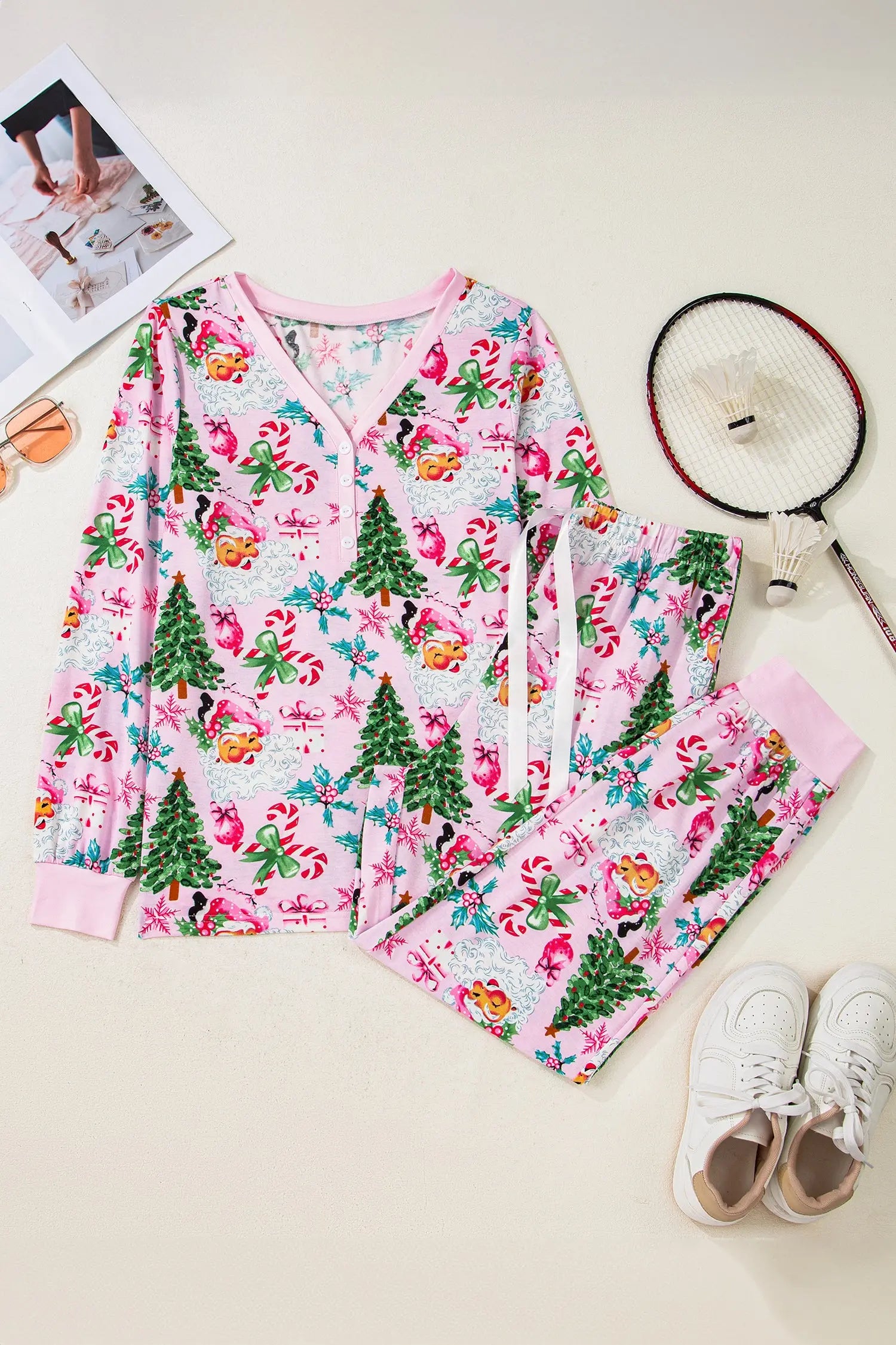 Pink Christmas Pattern Two Piece Lounge Set With Button V Neck Pullover Pants Dear-Lover Dropshipping