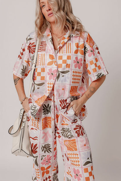 Trendy Orange Checkered Print Collared Shirt and Relaxed Wide Leg Pants Ensemble