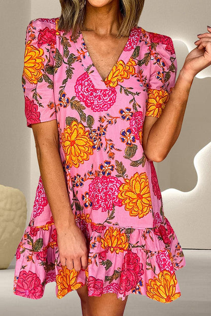 Ruffled Printed Short Sleeve Mini Dress.