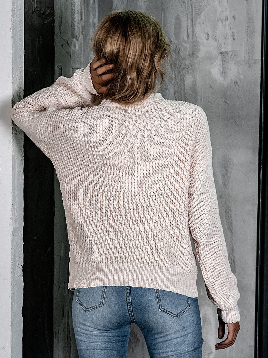 Openwork Mock Neck Long Sleeve Sweater.