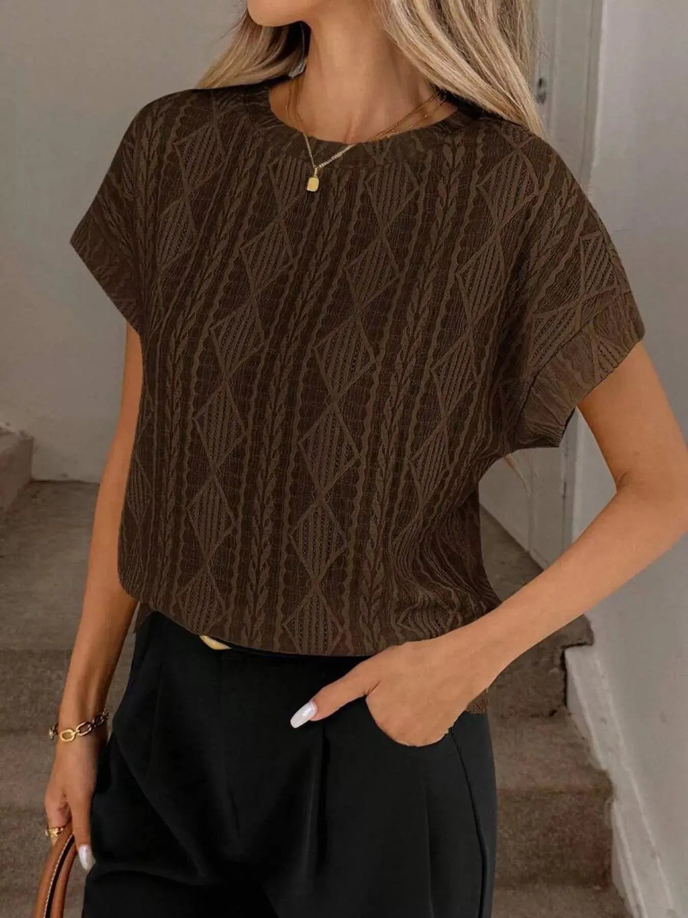 Diamond Pattern Round Neck Top Simply Love