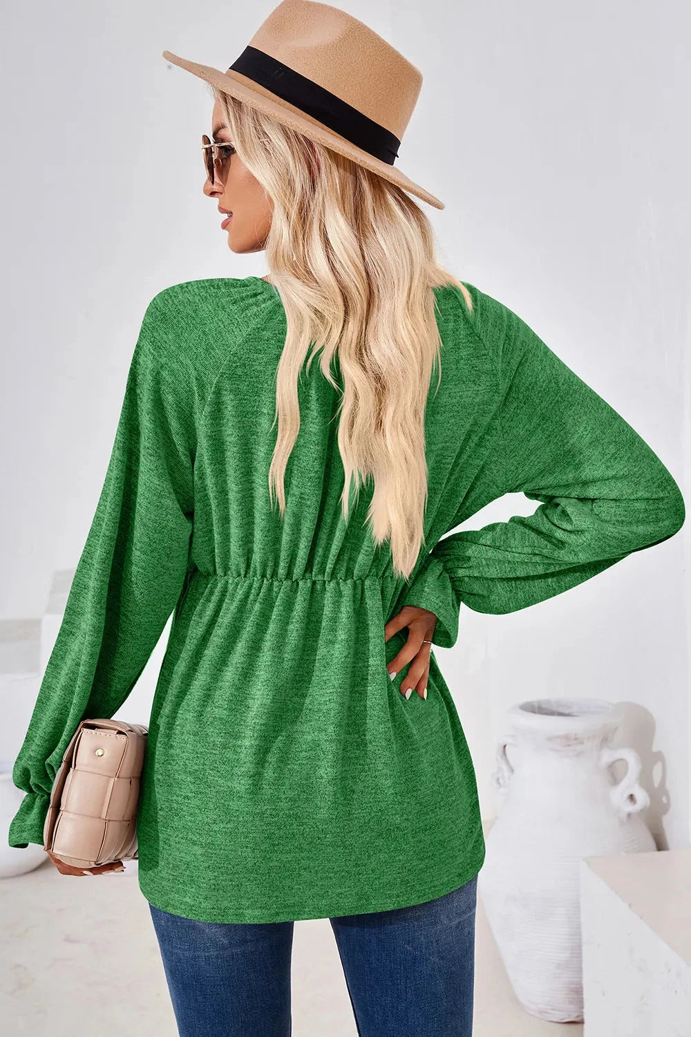 Ruched Round Neck Flounce Sleeve Blouse Coco’s Tee Boutique