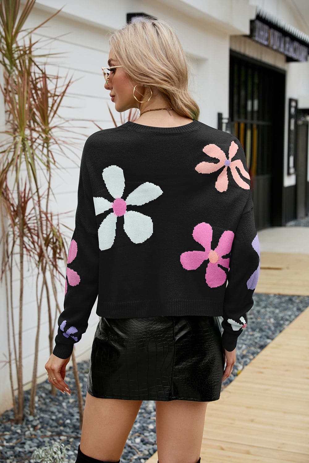 Flower Round Neck Drop Shoulder Sweater.